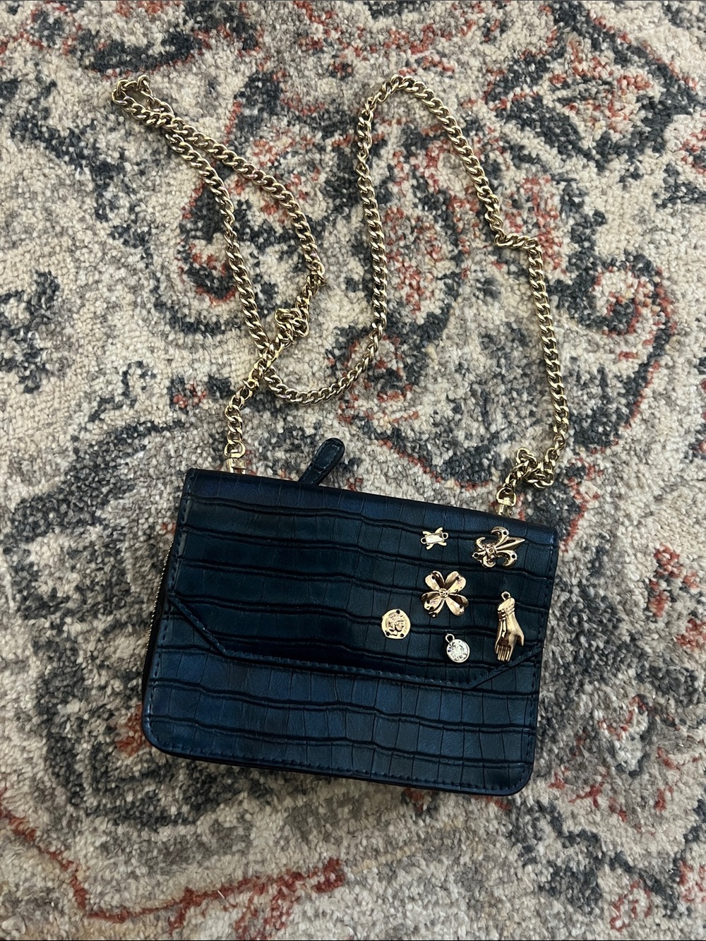 Blue Croc-Embossed Chain Shoulder Bag with Gold Accents